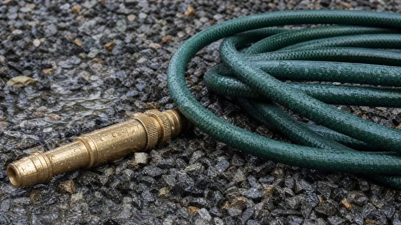 A brass hose nozzle lying on wet gravel beside a coiled length of green hose.