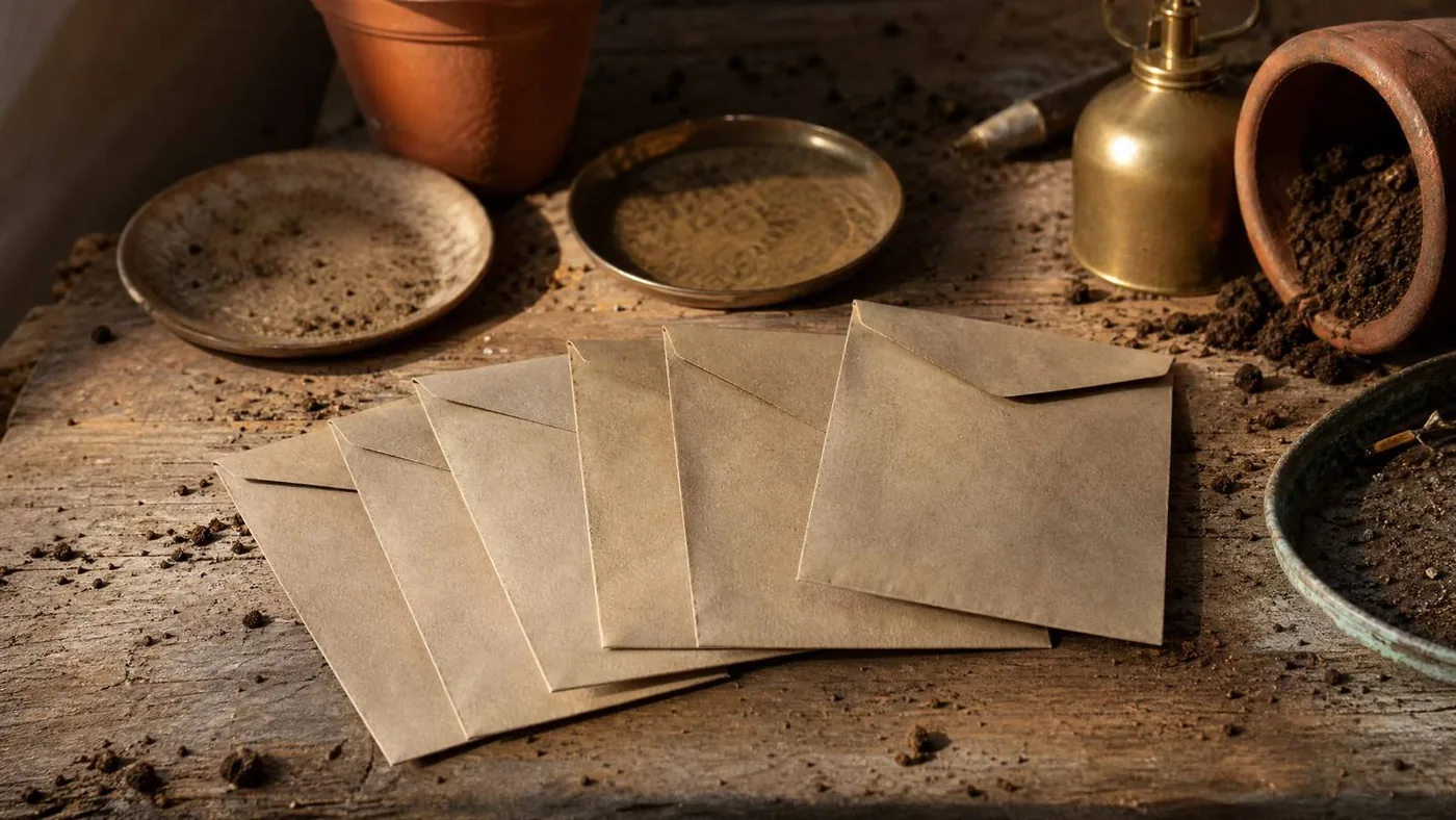 Paper seed packets fanned out on a wooden potting bench, their corners soft with handling.