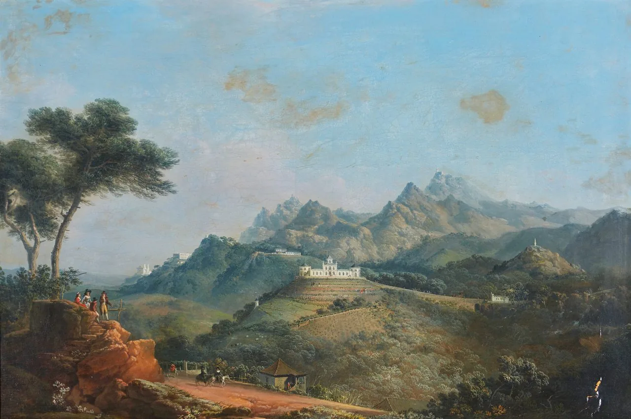 An oil painting of 1790: Gerard de Visme’s white neo-Gothic house on its ridge, with the Sintra hills and the Moorish Castle behind
