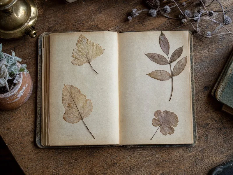 Pressed leaves lying flat between the pages of an old book