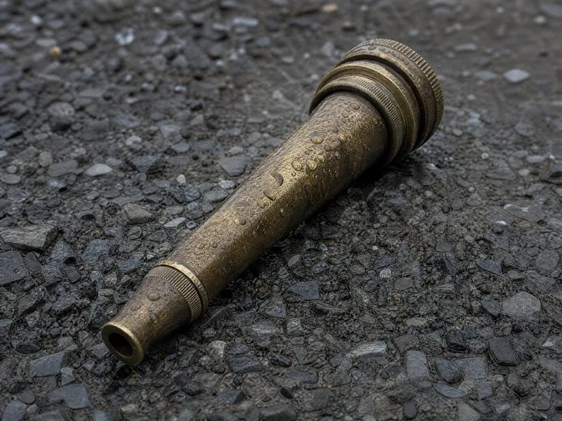 A brass hose nozzle resting on wet gravel