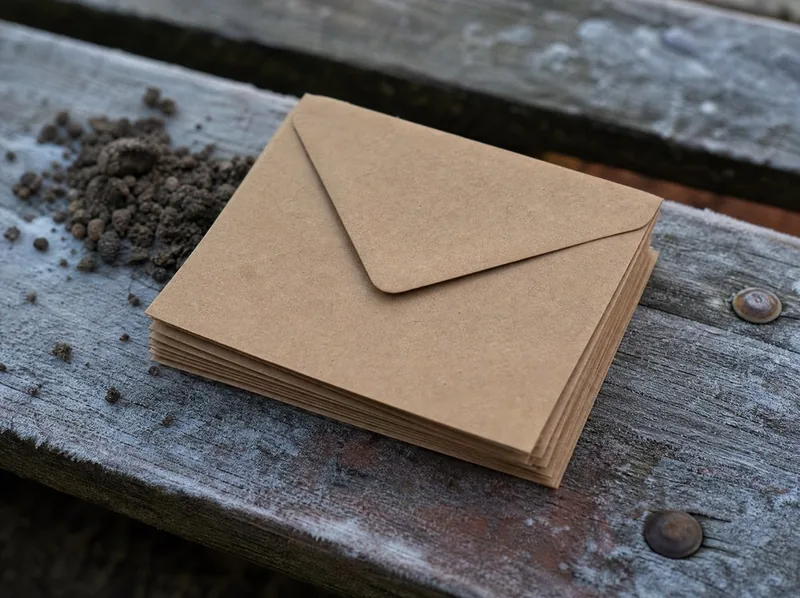 Paper seed packets stacked on a bench